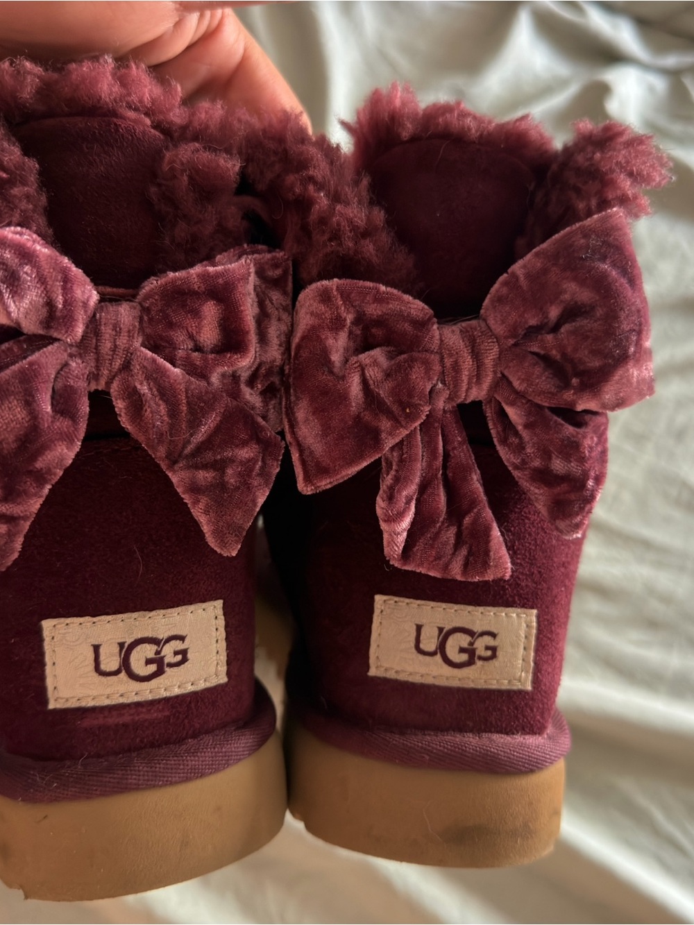 UGG Burgundy Velvet Bow Back Shearling Boots